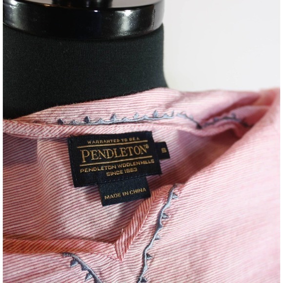 Pendleton Top Cotton Linen Pin Stripes Embroidery Pink White Gray Size S - Picture 4 of 4